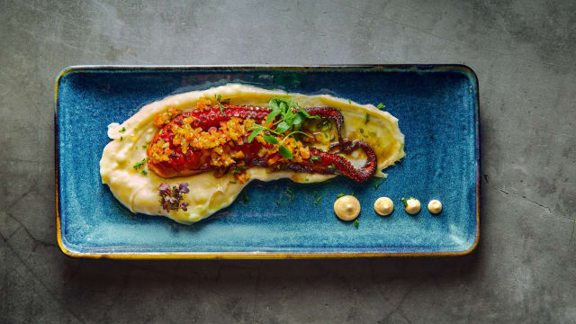 Pulpo a la brasa con espuma de patata y aceite de ajo y pimentón