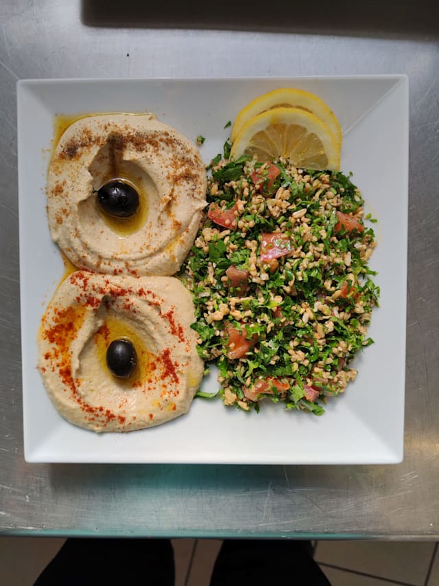 antipasto misto , hummus, baba gannush, tabbule