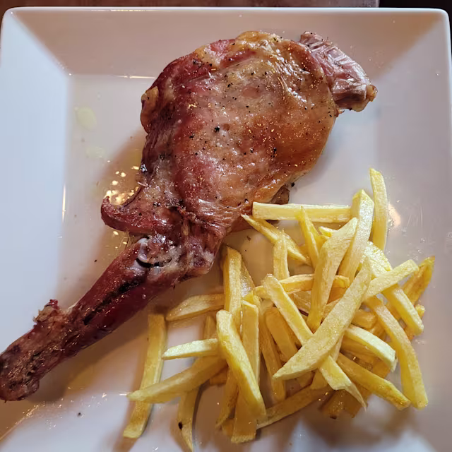 Chuleta de cerdo a la parrilla, jugosa y tierna, acompañada de papas fritas crujientes.