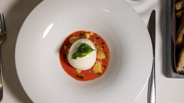 Burratina su Crumble di Parmigiano e Coulìs di Datterino