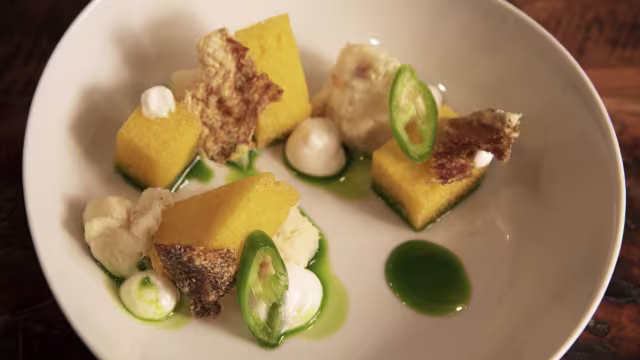 Crostone di Polenta, Baccalà Mantecato, Pil Pil e Jalapeño