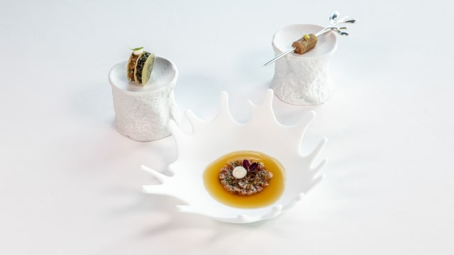 Atum rabilho, Caviar oscietra, wasabi e couve flor