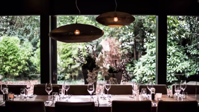 Moderne restaurantinterieur met een lange houten tafel, elegante glazen en bestek, grote ramen met uitzicht op groen, en decoratieve planten die een sfeervolle ambiance creëren.